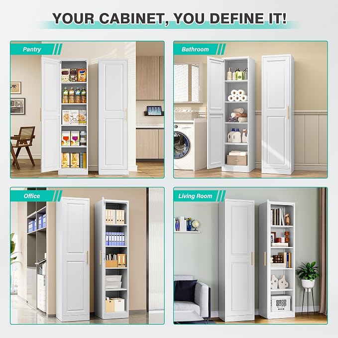 SISESOL 71" Tall Narrow Storage Cabinet with 1 Door and 5 Shelves,Slim Kitchen Pantry Cabinet,White Metal Bathroom Cabinets,Large Cupboard for Home,Kitchen,Laundry,Bathroom