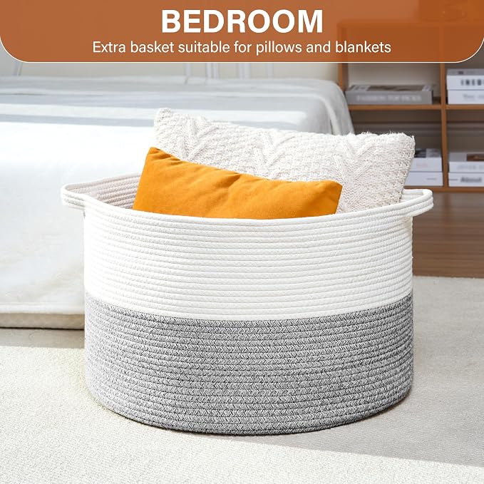 Foldable Laundry Hamper Basket with Collapsible Handle Cotton Rope Soft Woven Fabric Storage Organizer Clothes Toys Nursery Bedroom Dorm Space Saving Bin (White & Light Grey, 115L(23.6"D x 15.7"H))