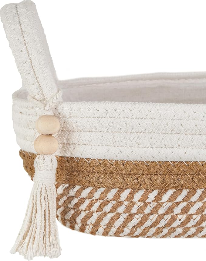 Mkono Toilet Paper Basket, Boho Bathroom Decor, Small Storage Organizer | White and Brown, 13"L x 6"W, Back of Toilet Basket, Decorative Woven Tray with Handles, Space-Saving, Living Room Bedroom