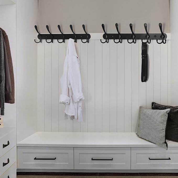 Dseap Coat Rack Wall Mounted - 5 Tri Hooks, Heavy Duty, Stainless Steel, Metal Coat Hook Rail for Coat Hat Towel Purse Robes Mudroom Bathroom Entryway,Black