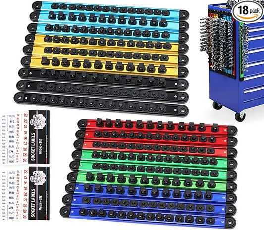 18-Piece Magnetic Socket Holder Organizer Set (Holds 240 Sockets), Heavy Duty 1/2, 3/8, 1/4-Inch Socket Racks Premium Quality Socket-Clip Rail Holder Aluminum Sockets Rack Kit for Tool Box Drawer