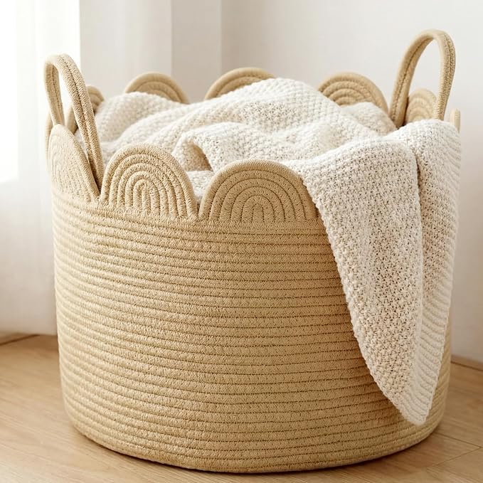 LemonRoad Brown Round Basket Large Blanket Basket 16" x 14" Scalloped Woven Baskets Cotton Storage Baskets for Nursery Classroom Closet Blankets Storage Home Decor