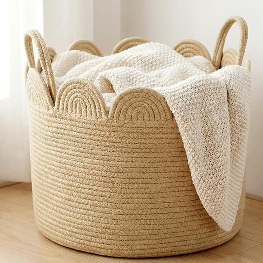 LemonRoad Brown Round Basket Large Blanket Basket 16" x 14" Scalloped Woven Baskets Cotton Storage Baskets for Nursery Classroom Closet Blankets Storage Home Decor