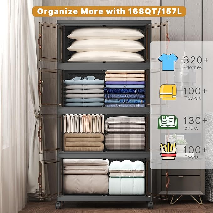 Stackable Storage Bins with Lids, 672QT Closet Organizers and Storage Cabinet with Doors & Wheels, Lockable Plastic Foldable Drawers for Bedroom Dorm Office Garage（168QT*4,Black）