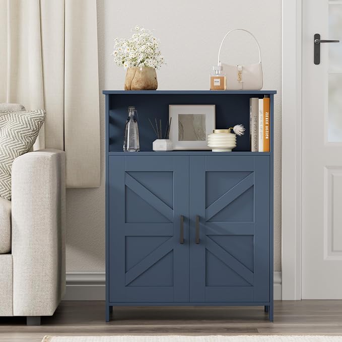 Homhedy Farmhouse Bathroom Storage Cabinet with Doors, Small Floor Cabinet | Toilet Paper Cabinet with Adjustable Shelf, Freestanding Storage Cabinet for Kitchen/Laundry/Living Room, 24"W, Blue