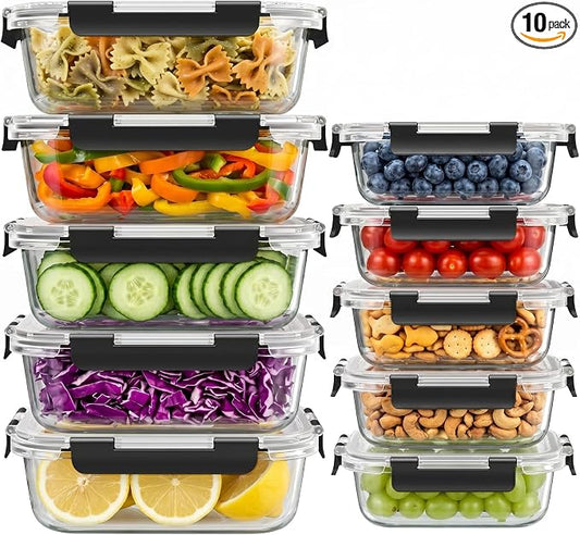 Dealusy 10 Sets (20-Piece) 36 oz & 12 oz Glass Food Storage Containers with lids, Airtight Leak-proof Glass Meal Prep Containers with Lids, Microwave Oven Freezer Dishwasher Safe, Black