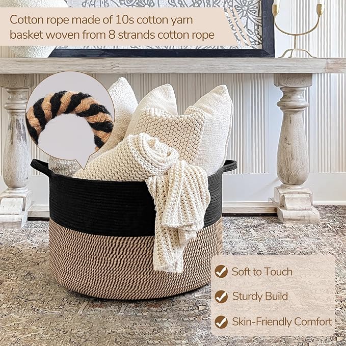 INDRESSME XXXLarge Woven Rope Blanket Basket Living Room Mix Black, 90L | 21.7" x 13.8" Storage baskets for toys laundry & pillows. Fits living room, bedroom or nursery décor. Soft-touch with handles