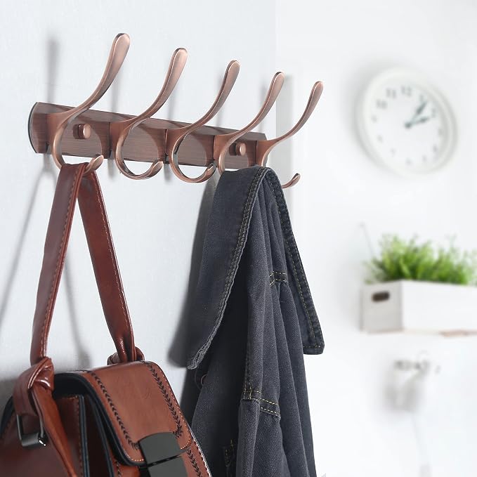SKOLOO Modern Metal Wall Coat Rack with 5 Hooks, Pack of 2, Sturdy Wall Hook Rack for Hanging Coat, Jacket, Clothes, Hat, Red Copper