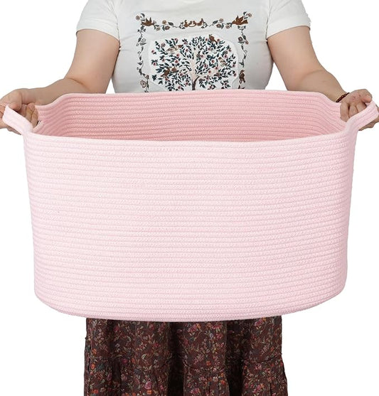 XUANGUO Large Rectangle Woven Cotton Rope Blanket Basket 22"x17"x12" Pink | Storage basket for nursery and living room; toy basket for kids, laundry basket for clothes and towels, or gift basket.