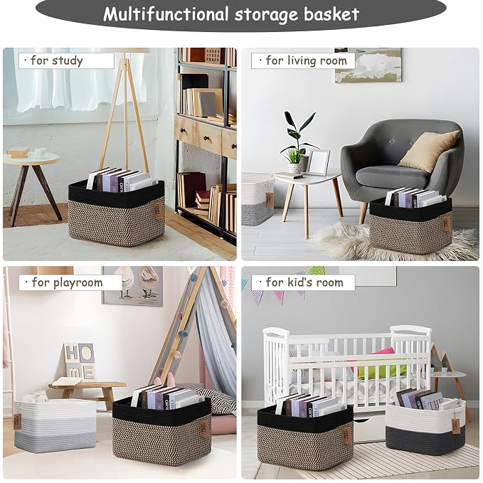 COMFY-HOMI Cotton Rope Woven Basket with Handles for Shelves,Toys,Book, Cloth Storage Baskets Bin for Organizing- 1 PCSToy Decorative Organizer for Living Room, Bathroom