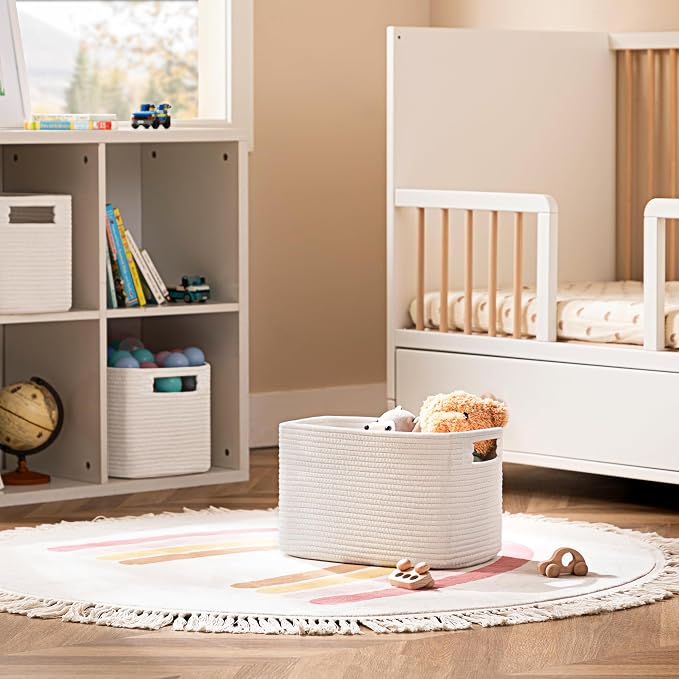 4 Pack Storage Baskets for Organizing, Shelf Baskets with Handles, White | 14.5"Lx9.8"Wx9"H, Woven Basket, Cotton Rope Basket, Toy Storage, Cube Shelf, Gift Baskets Empty, Home Decor