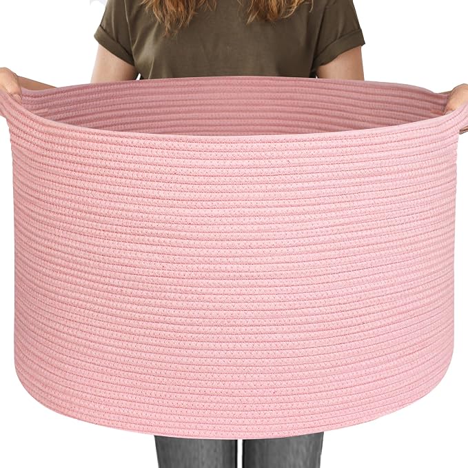 115L Oversized Pink Basket, 23.6"x15.7" Woven Cotton Rope Bin with Handles, XXXL Blanket Storage for Living Room, Kids Toy Storage Bin Box, Baby Laundry Basket for Organizing, Pink Room Decor