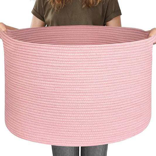 115L Oversized Pink Basket, 23.6"x15.7" Woven Cotton Rope Bin with Handles, XXXL Blanket Storage for Living Room, Kids Toy Storage Bin Box, Baby Laundry Basket for Organizing, Pink Room Decor