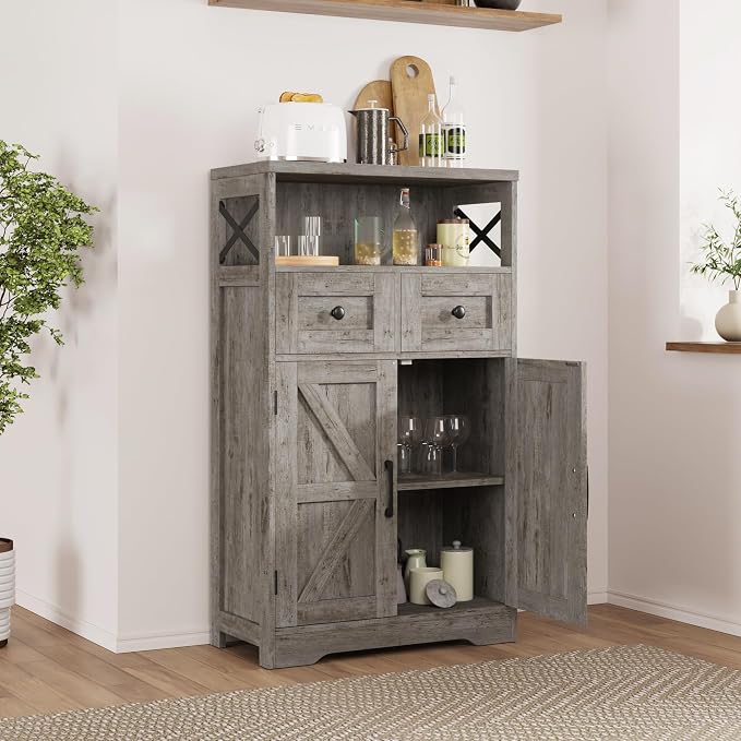 Farmhouse Storage Cabinet with Drawers, Small Kitchen Pantry Cabinet, Gray | Accent Coffee Bar Cabinet Cupboard, 2 Drawers, 2 Barn Doors & Adjustable Shelves, for Kitchen/Entryway/Living Room/Bathroom