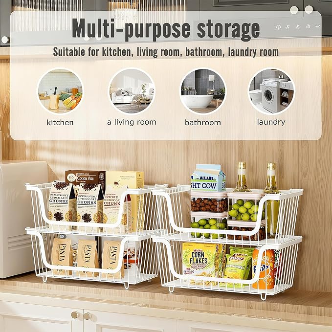 GAOKASE 6 Pcs Stackable Wire Baskets for Pantry Organizers and Storage, | Vegetable Fruit Basket for Countertop,Kitchen Storage Metal Baskets,Produce Potato Onion Storage Bin,White