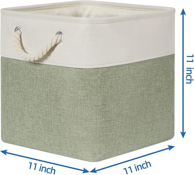 Temary Cube for Shelves 11 Inch Bin 4Pack Fabric Storage Baskets for Organizing Toys, Clothes, Decorative Baskets with Rope Handles (White&Green)