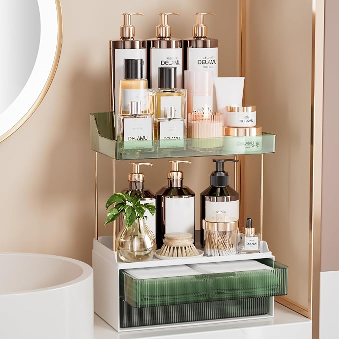 Delamu 4-Tier Makeup Organizer, Bathroom Counter Storage, 2 Drawers,Green | Elegant Vanity Organizer Gift for Women, Holds Perfume, Skincare, Nail Polish & Hair Accessories for Bathroom Countertop