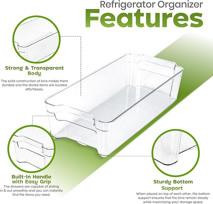 Utopia Home - Fridge & Refrigerator Organizer Bins (8 Pack), Clear Stackable Durable Plastic Storage Containers with Easy Grip Handles for Pantry, Kitchen Cabinets & Countertops (8)