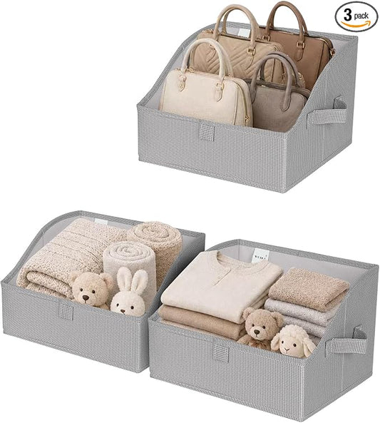 WUIKE Closet Storage Bins with Handles, 3-Pack, Large, Open Front, Greige | Trapezoid Organizing Bins, Fabric Storage Baskets with Handles, Foldable Storage Bins for Clothes, Purses, and Blankets