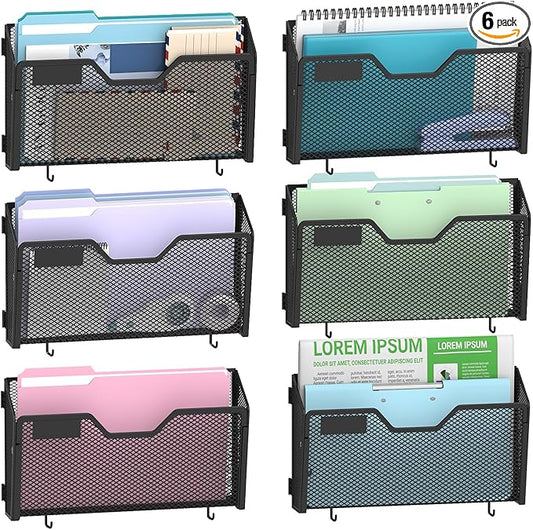 SUPEASY 6-Pack Wall File Holder and Wall File Organizer with Hooks, Black | Wall File Organizer and Wall Organizer with 6 Letter-Size Pockets, Label Panels and Hooks for Offices Homes and Classrooms