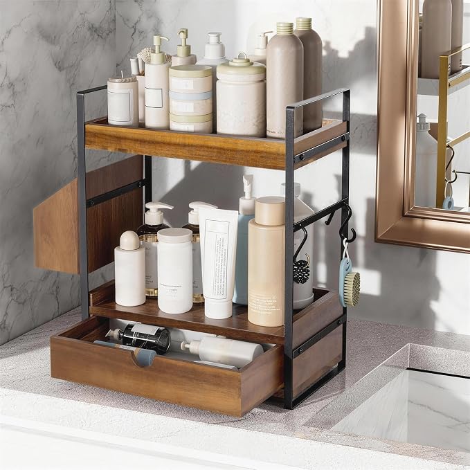 2-Tier Bathroom Counter Organizer, Acacia Wood Vanity Shelf with Drawer | Pre-Drilled Holes, Skincare & Makeup Countertop Organizer and storage, Acacia Dark Brown