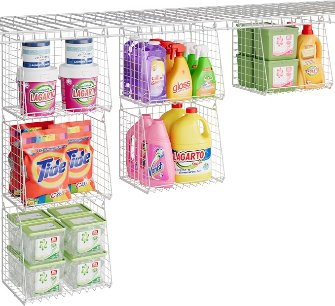 3-Pack Extra-Tall 13.6'' Hanging Laundry Basket Organizer, Foldable Wire Shelf with 360° Rotating Hooks & Reinforced Height - Durable Space-Saving Laundry Room & Closet Organizer, White Patent