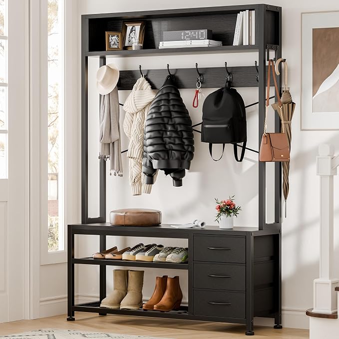 Hall Tree with Bench and 3 Drawers Storage, 39.4" Coat Rack Freestanding