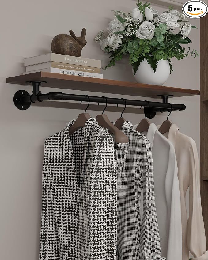 Clothes Rack 36in, Wall Mounted Garment Rack with Real Walnut Wood Shelf, Heavy Duty Hanging Clothes shelf, Multi-Purpose Hanging Rod, Space-Saving Closet Storage (Walnut, 1T36IN)