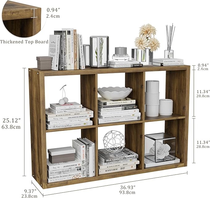 VDNEND Cube Storage Organizer Bookcase, Decorative 11 inch Open Back Cubical Shelf with Thickened Border, Display Bookshelf for Living Room, Home Office, Sturdy Room (Brown, 6 Cube)
