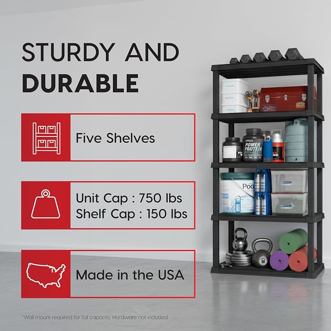 IRIS USA Plastic Storage Shelves |Made in USA| 73"H x 36"W x 18"D - Black | Heavy Duty Rack Organizer, 750lb Total Capacity, 150lb Per Shelf, Shelving Unit for Garage, Home, Warehouse & Gym
