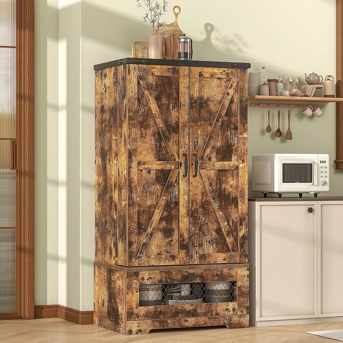 kepptory Farmhouse Pantry Cabinet with Barn Door & Adjustable Shelves, Freestanding Kitchen Storage Cabinet for Dining Room, Bathroom, Hallway (Brown)