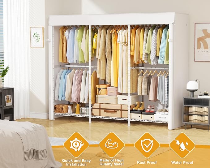 E14C Pro Heavy Duty Closet Organizer System，Freestanding Clothing Racks for Hanging Clothes，Adjustable Garment Rack 69" W × 16" D × 77" H Hold 960 lbs，White Rack with White Dustproof Cover