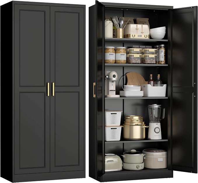 UNICOLY 71" Kitchen Pantry Cabinet, Metal Pantry Storage Cabinet with Doors | Tall Storage Cabinet with 4 Shelves, Black Storage Cabinets for Kitchens, Living Room, Dinning Room, Assembly Required