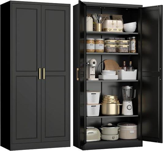 UNICOLY 71" Kitchen Pantry Cabinet, Metal Pantry Storage Cabinet with Doors | Tall Storage Cabinet with 4 Shelves, Black Storage Cabinets for Kitchens, Living Room, Dinning Room, Assembly Required