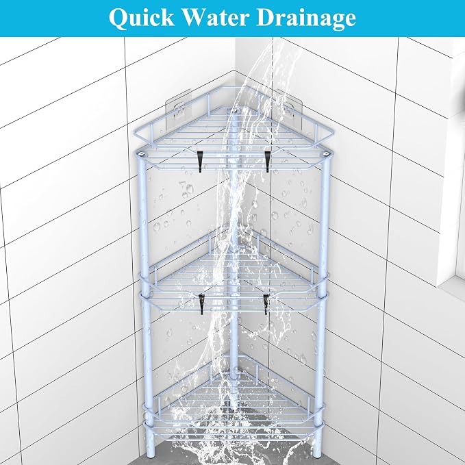 HuggieGems 3 Tier Floor Standing Corner Shower Caddy Organizer Shelf with Hooks, Bathroom Shelves Stand Rack, Blue