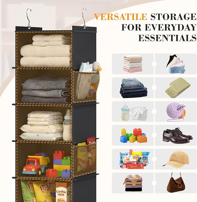 YOUDENOVA Upgraded Hanging Shoe Organizer for Closet, 8-Shelf, Black | Extra Wide Design, 8 Side Pockets, Hanging Shoe Rack Hanger, Dorm Storage, Perfect for Storing Shoes, Hats, Clothes, Jeans