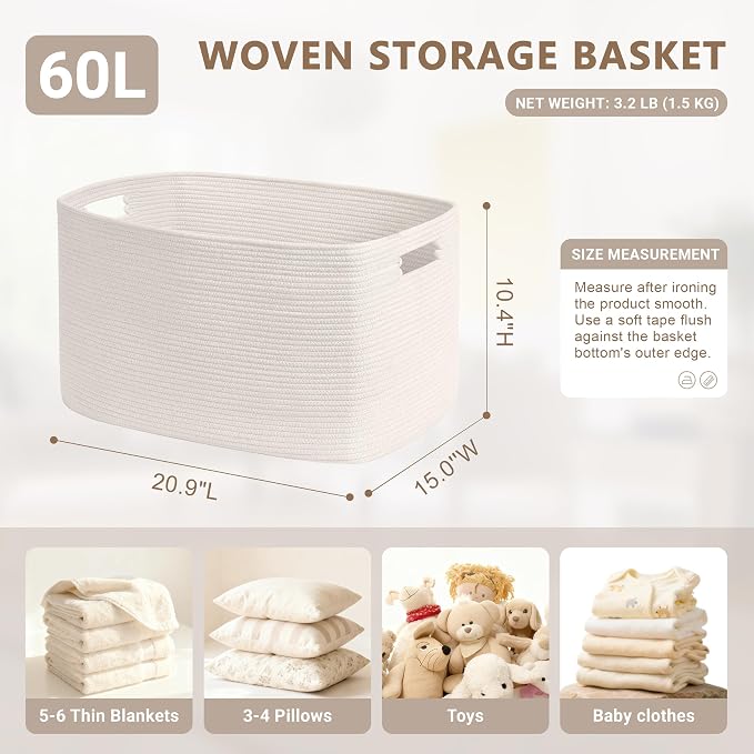 60L Woven Laundry Basket Hamper with Handles, White | collapsible wicker hamper, storage for dirty clothes, toys, blankets, gifts, living room, bedroom, bathroom, 21"x15"x11"