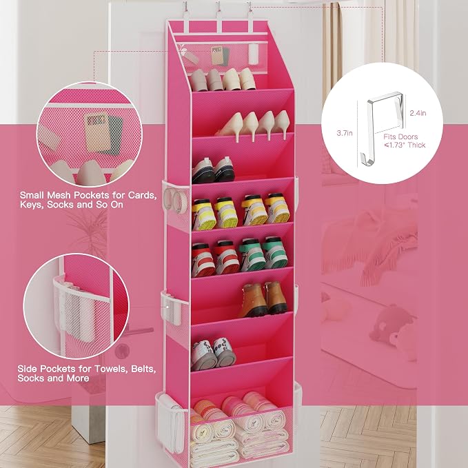 Shoe Storage, Over the Door Shoe Organizer, Hanging Closet Shoe Storage with Large Deep Pockets, Fits 16–24 Pairs of Sneakers, Sandals, Boots, Pink