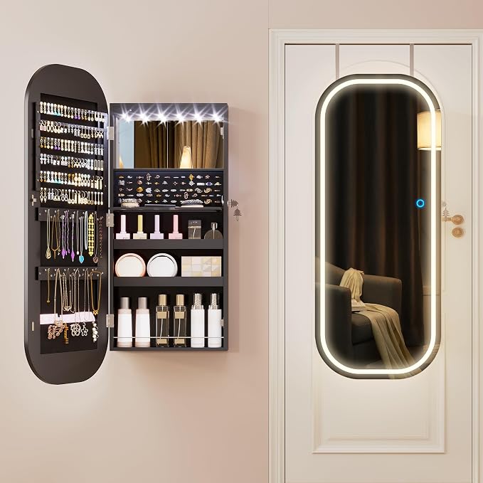 LED Mirror Jewelry Cabinet, Wall/Door Jewelry Organizer, 16" W Black | Lockable Jewelry Armoire with Full Length Mirror, 65 Ring and 108 Earring Slots, Foldable Shelf, Rounded Corner