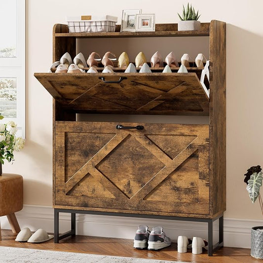 Nicetree Shoe Storage Cabinet with 2 Flip Drawers, Freestanding Wood Shoe Organizer with Metal Legs, Farmhouse Slim Shoe Rack for Entryway, Foyer, Hallway, Rustic Brown