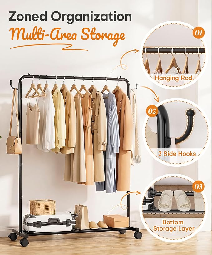 Homde Portable Clothes Rack for Bedroom: 4 Lockable Wheel Move Room-to-Room | Laundry to Closet in 1 Smooth Roll - No Heavy Lifting for Renters & Movers - 88 lbs Hanging Rod for Garment Coat to T-Shirt