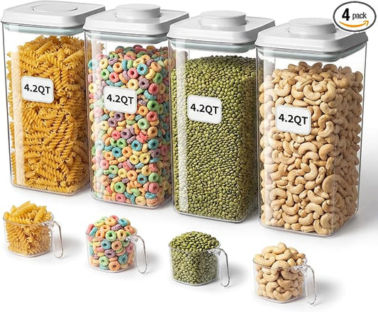 Large Pop Airtight Food Storage Containers Set with Lids 4.2Qt/4L Food Containers with Scoop, Kitchen Pantry Organization and Storage, BPA Free Stackable Cereal Container (4 * 4.2Qt)