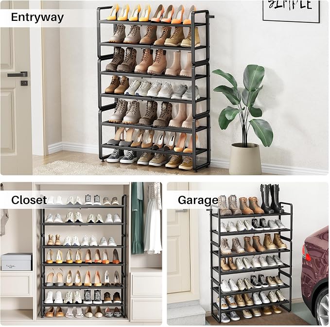 SNTD Shoe Rack - Expandable Shoe Organizer for Closet, Adjustable Metal Shoe Shelf Storage, Stackable Long Shoe Stand Holder for Garage, Entryway, Door Entrance (Black, 6-Tier)