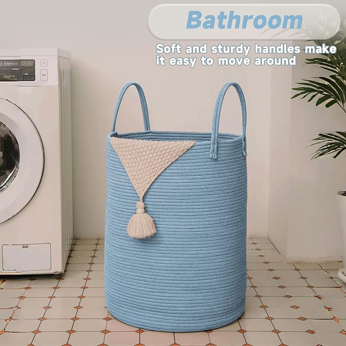 JMvicyroam 80L Cotton Rope Laundry Basket Hamper, Blue | Collapsible laundry basket, reinforced handles, freestanding, machine washable, holds 3-5 thick blankets, clothes or toys
