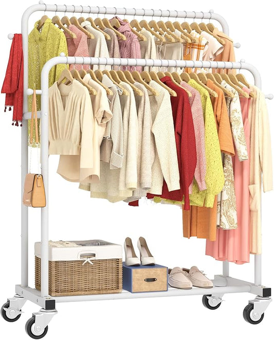 Laiensia Double Rods Garment Rack with Wheels, Clothing Rack for Hanging Clothes,4 Hooks, Multi-functional Bedroom Clothes Rack, White
