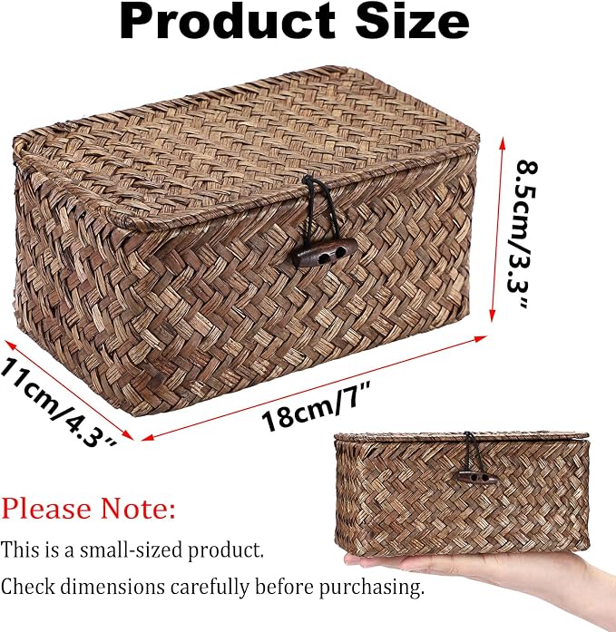 Hipiwe Handwoven Wicker Basket with Lid Small Desktop Seagrass Organizer | Decorative Basekt Boxes Bin for Remote Control Keys Candy, Coffee Color 7.0"L x 4.3"W x 3.3"H