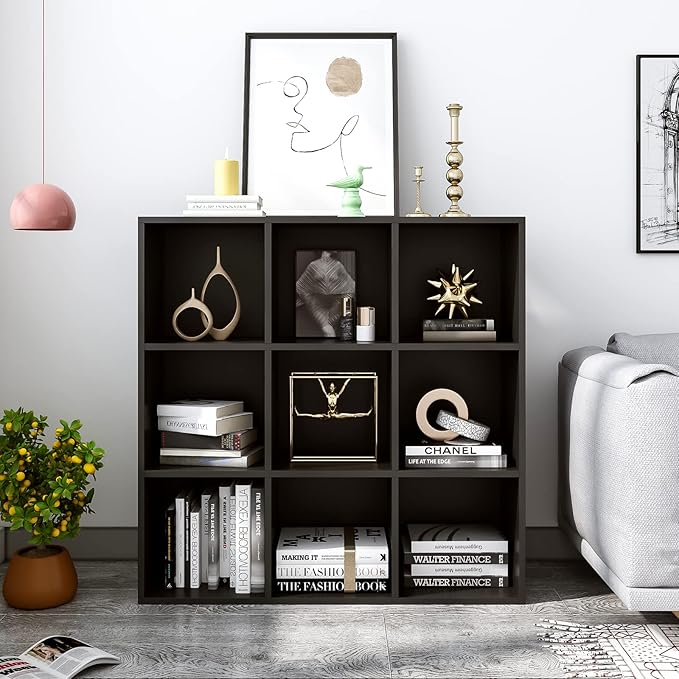 OSCHF 9-Cube Storage Shelf Bookcase, Black | Wooden 3-Tier Open Bookshelf, Fits 11×11" Bins, Vertical or Horizontal Use, Full Back Panels, For Home Office