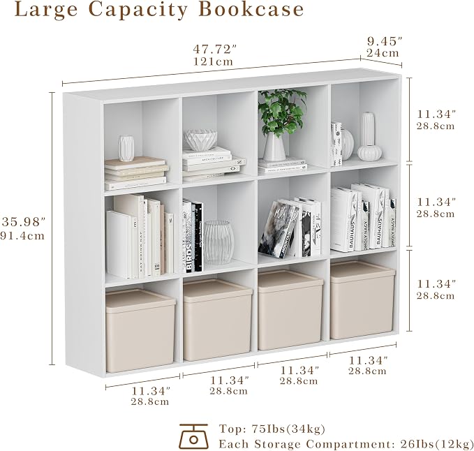 VDNEND Wooden Cube Storage Organizer with Closed Back Panel, 11in Cube Shelf Opening, Bookshelf, Display Shelf,Closet Cabinet for Home and Office (Embossed White, 12-Cube 35.98L*9.45W*47.72H)