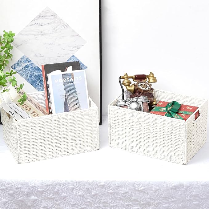 Vagusicc Wicker Storage Basket, Set of 2 Hand-Woven Paper Rope Wicker Basket, Small Storage Baskets for Organizing Toilet Paper Basket, Foldable Large Cube Storage Organizer Bins for Shelves (White)