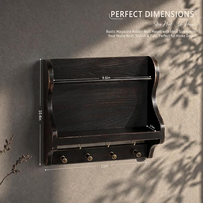 Mail Organizer Wall Mount: Magazine Holder for Room Decor, Distressed Black | Pine Wood, Anti-drop wood strip, Envelope Slot for Letter, Key Hooks, Farmhouse Wall Mail Organizer, Home Decor Accent